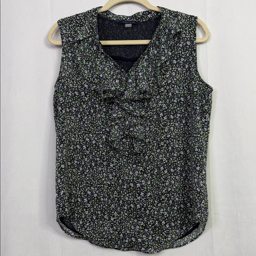 Tommy Hilfiger Navy Blue Floral Ruffle Split Neck Lined Sleeveless Blouse